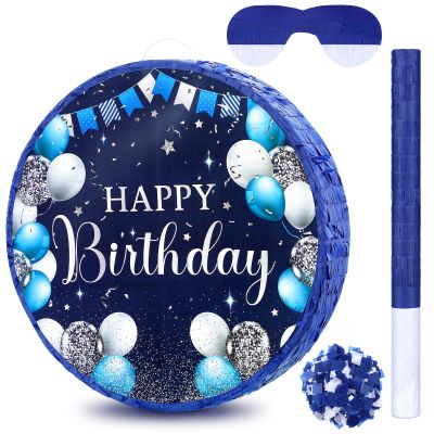 Sinmoe Birthday Piata with Stick Blindfold and Confetti Large Piata for Adult Men Women Birthday Party Supplies Decoration Wedding Anniversary(Blue and Silver)