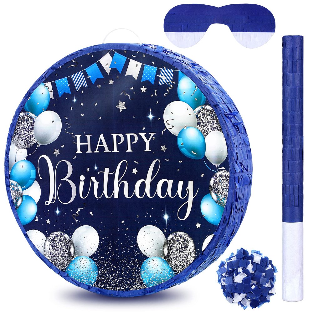 Sinmoe Birthday Piata with Stick Blindfold and Confetti Large Piata for Adult Men Women Birthday Party Supplies Decoration Wedding Anniversary(Blue and Silver)