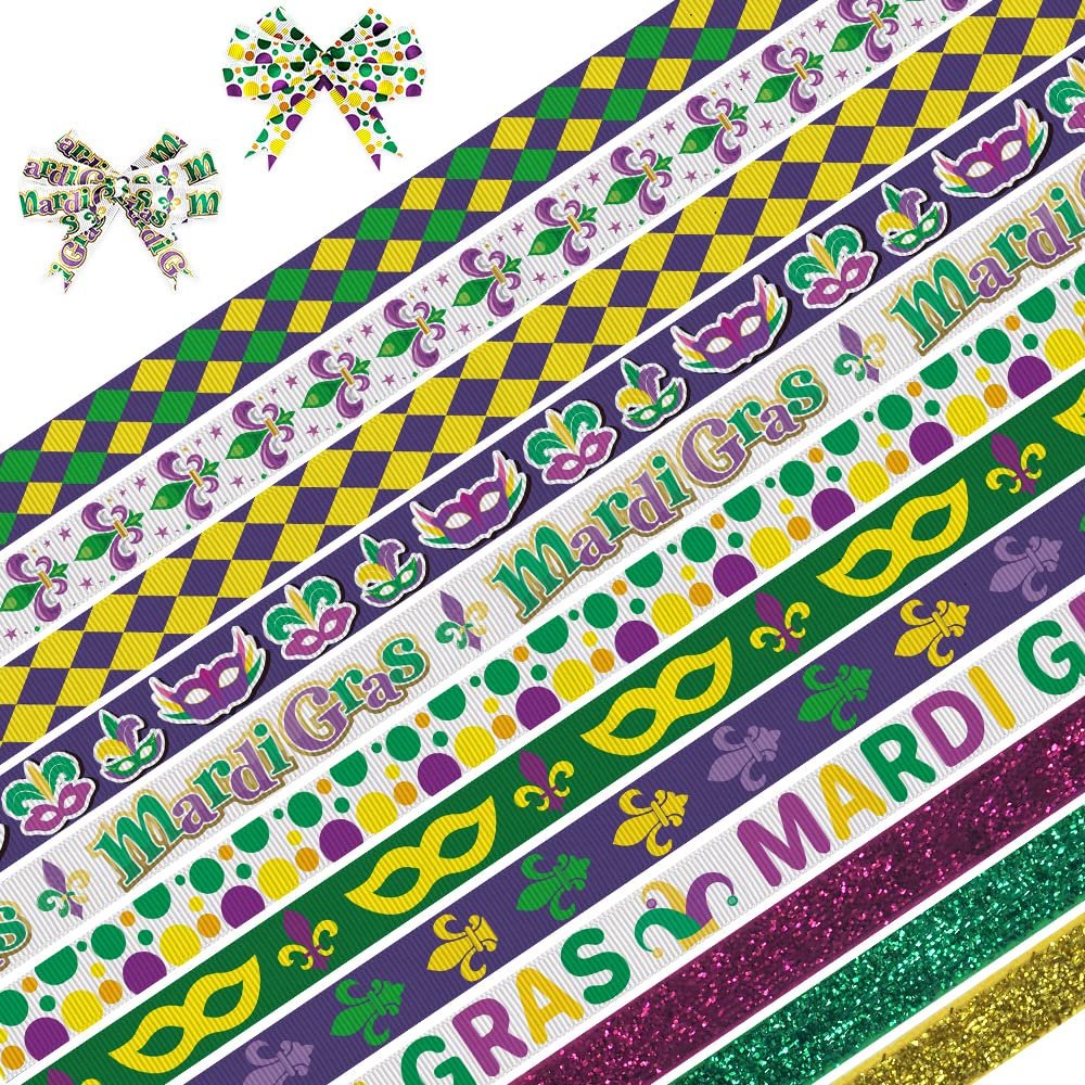 12 Pieces Mardi Gras Decor Ribbons 3/8" Mardi Gras Purple Green Yellow Plaid Grosgrain Ribbon 1 Yard, Mask Mardi Gras Words Ribbon for Carnival Mardi Gras Party Holiday Gift Packaging DIY Supplies