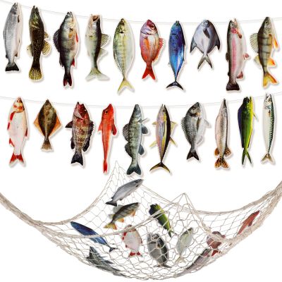 Glenmal 20 Pcs Fish Birthday Party Decorations Gone Fishing String Hanging Banner with 1 Fish Net for Birthday Engagement Retired Outdoor Game Tournament Barbecue Party Backdrop Decor