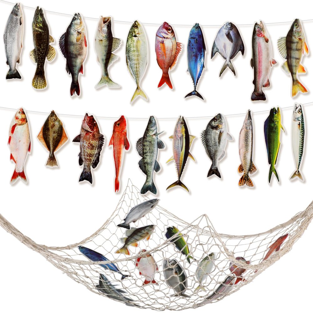 Glenmal 20 Pcs Fish Birthday Party Decorations Gone Fishing String Hanging Banner with 1 Fish Net for Birthday Engagement Retired Outdoor Game Tournament Barbecue Party Backdrop Decor