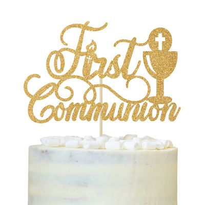 First Communion Cake Topper, Cross Baptism Cake Decor for Kids, God Bless for This Child, on Your Confirmation, Religious Baby's 1st Birthday Baby Shower Party Decorations Supplies Gold Glitter