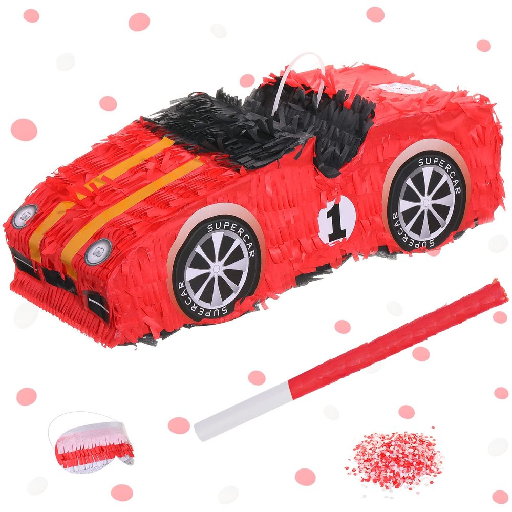 Sotiff Race Car Piata with Blindfold Bat Confetti, 16 x 5 x 7'' 3D Mexican Race Car Piata for Birthday Party Supplies, Exciting Party Games for Boy Girl Baby Shower Back to School Photo Booth Prop