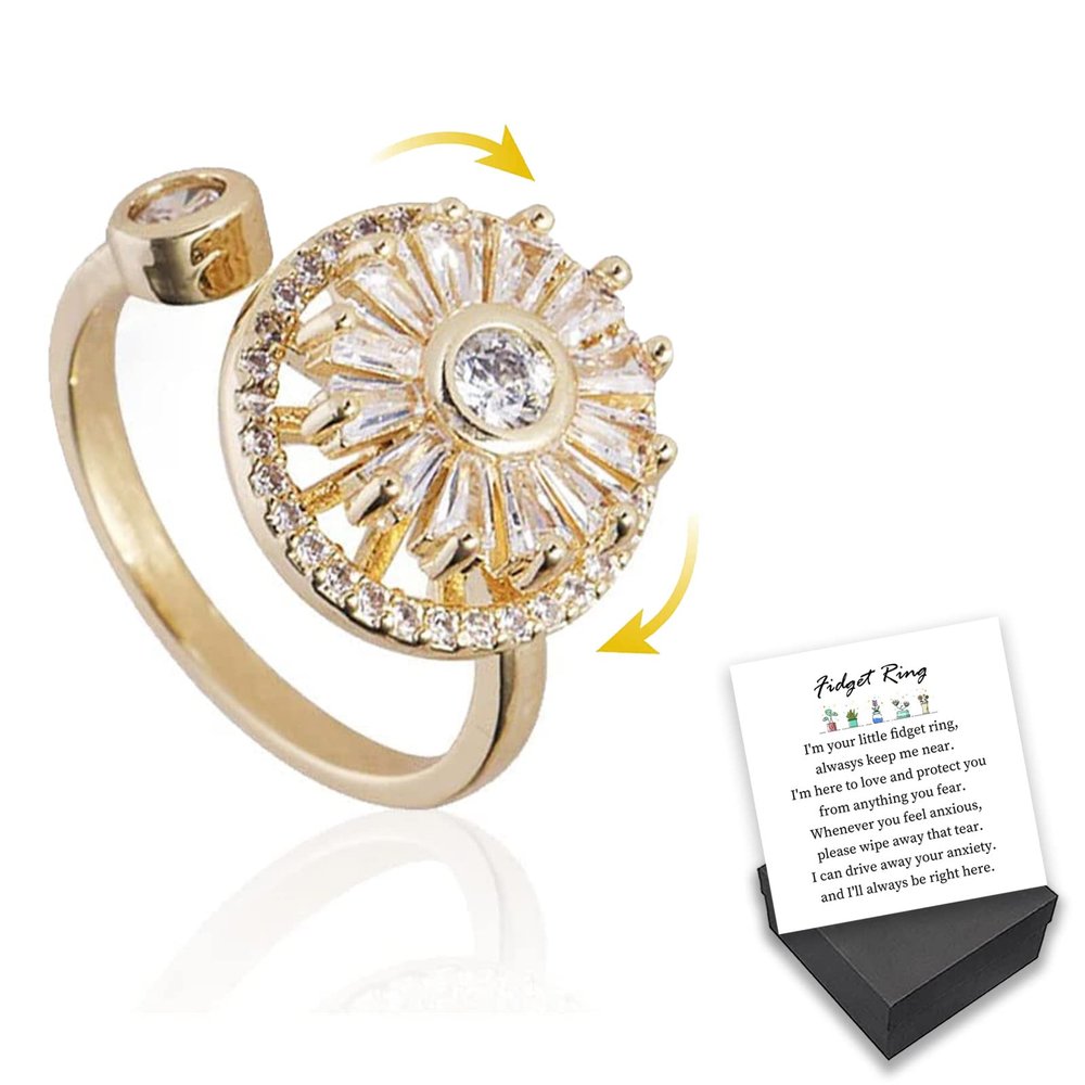 MEONFY Spinning Rings for Women, Gold Crystal Anxiety Relief Spinning Ring Fidget Anxiety Ring, Spinning Rings, Adjustable Open Ring Discreet Calming Gifts for Women (Golden x 1)