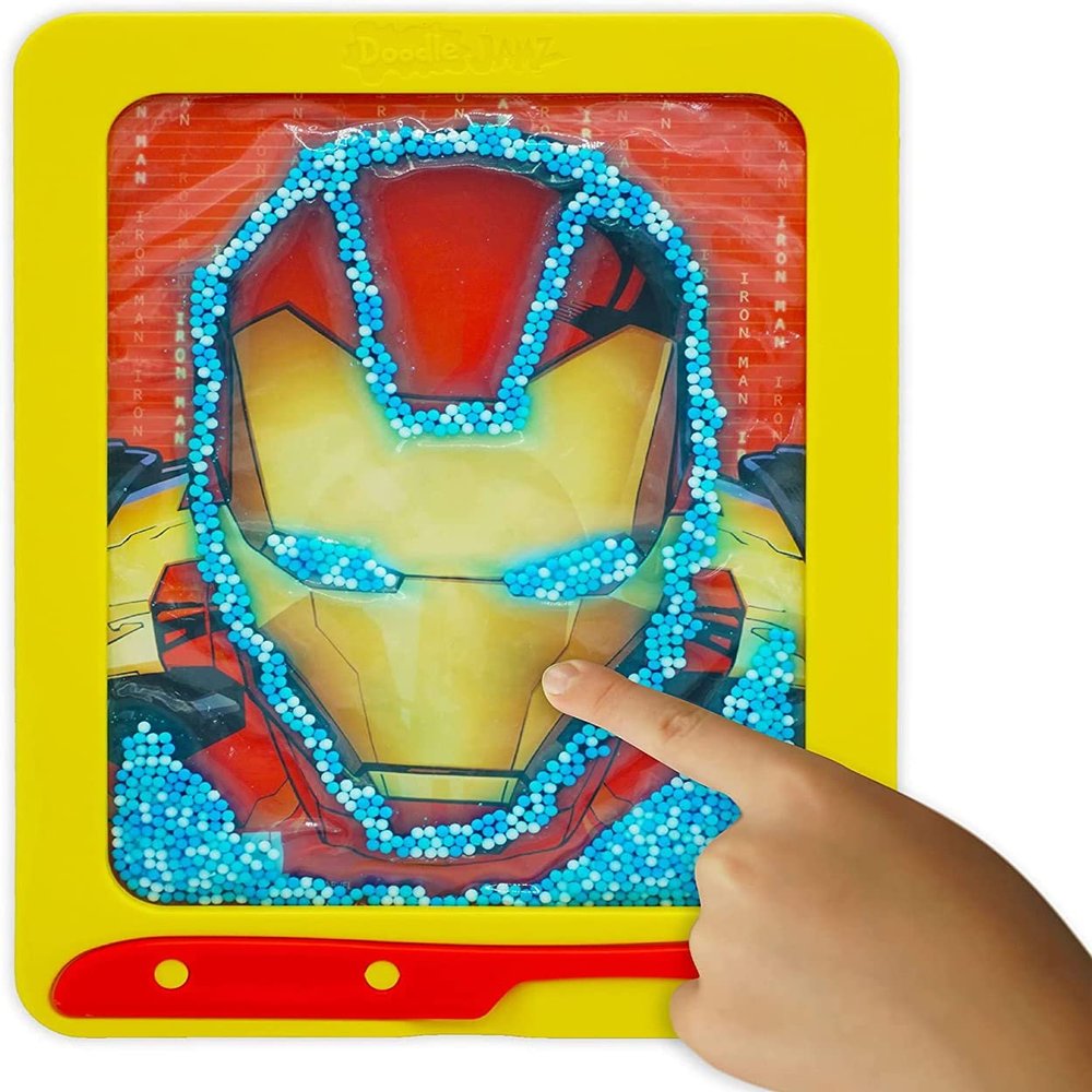 DoodleJamz Marvel JellyPics - Sensory Drawing Pads Filled with Non-Toxic Squishy Beads and Gel Includes Stylus, Removable 2-Sided Emoji Backer Card (Iron Man, Series 1)