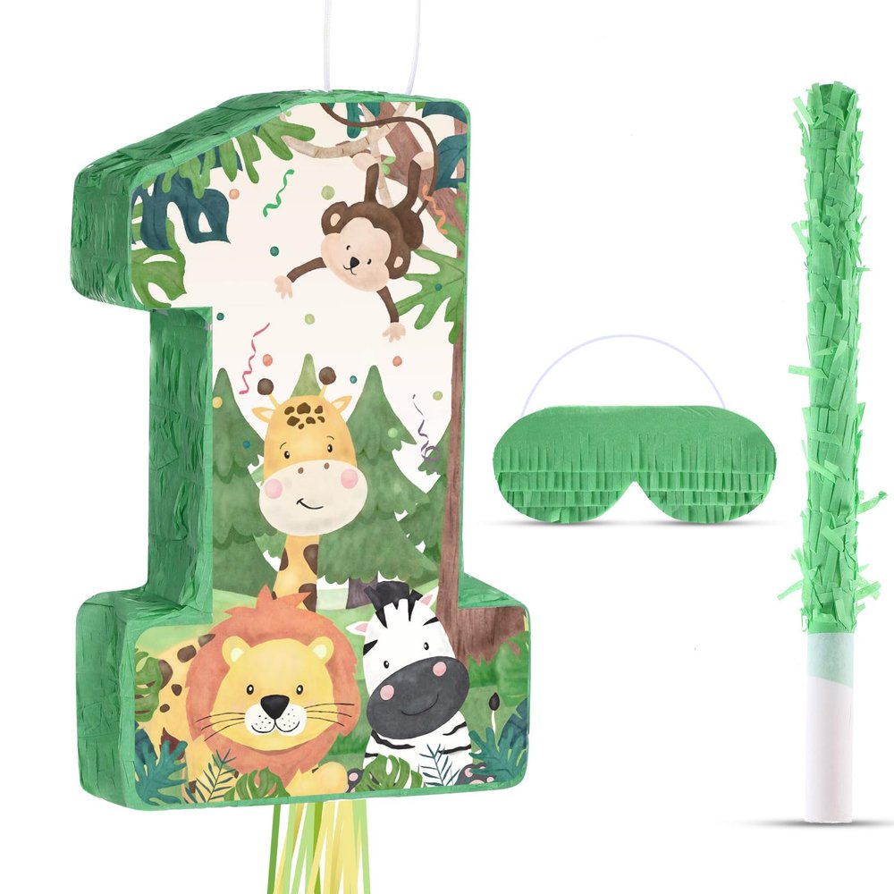 Wild One Piata Number 1 Pull String Mini Piata with Blindfold Bat Confetti Wild One 1st Birthday Party Decorations Safari Jungle Party Supplies 16.1 x 10.9 x 2.76 Inch