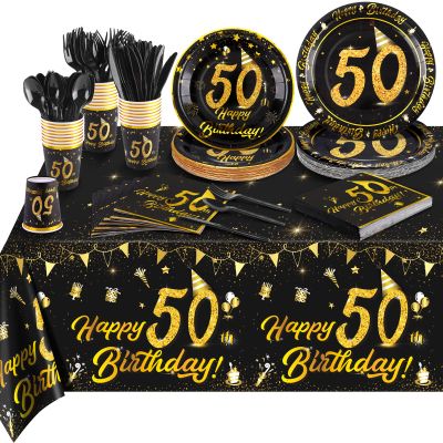 Durony 50th Birthday Party Supplies - 170 Piece Set with Plates, Cups, Napkins, Cutlery, Plastic Tablecloth