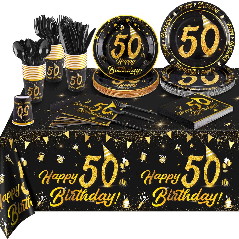 Durony 50th Birthday Party Supplies - 170 Piece Set with Plates, Cups, Napkins, Cutlery, Plastic Tablecloth