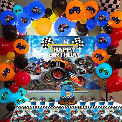 Monster Truck Birthday Decorations 63 PCS Monster Truck Birthday Party Supplies Monster Truck Backdrop Balloons Tablecloth Cake Toppers Cupcake Toppers