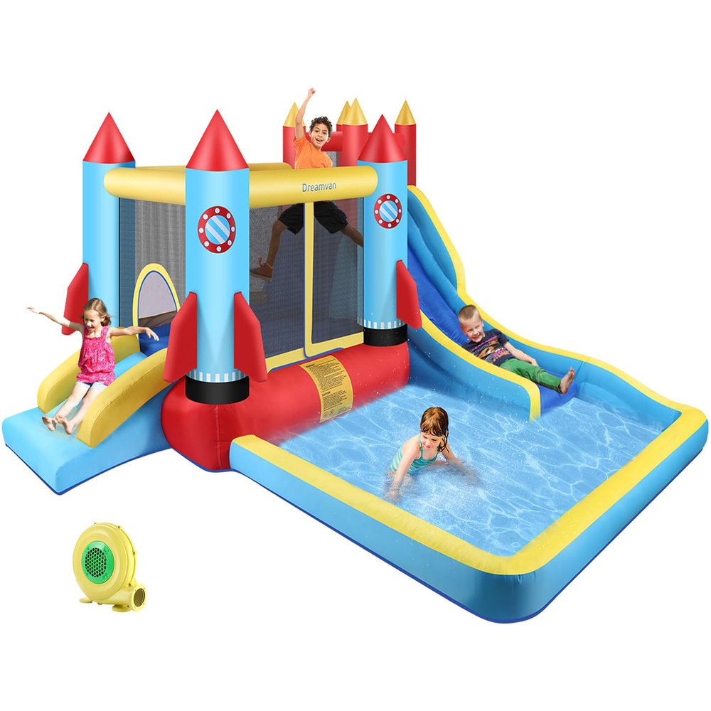 WONFUY Bounce House for Kids 13X11ft Outdoor Indoor Bouncy House with Blower Jumping Castle Water Slide Climbing Wall and Pool Splash, Backyard Fun Rocket Inflatable Slide Bouncer Ages 3-10 Years