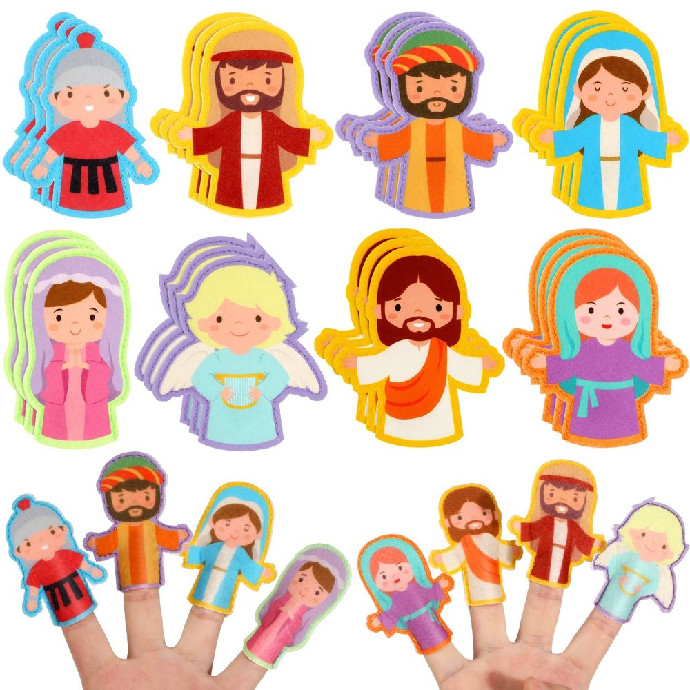 Karenhi 24 Pcs Religious Finger Puppets for Easter Christian Nativity Bible Toys Felt Jesus Toys for Easter Party Easter Egg Fillers Sunday School Activity Supplies Bible Study Set, 8 Styles