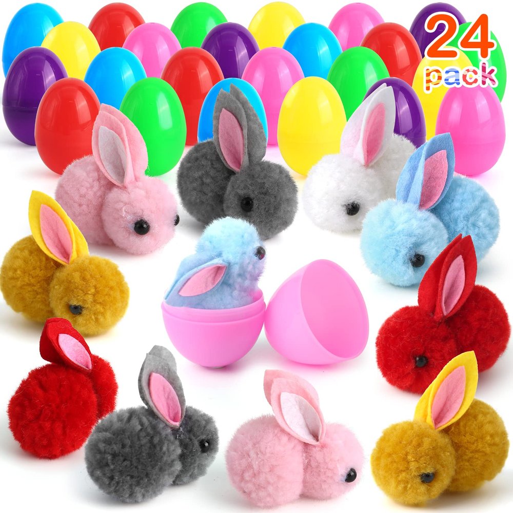 24 Pack Easter Eggs Fillers with Bunny Plush, Easter Basket Stuffers for Kids Easter Eggs with Toys Inside, Easter Bunny Mini Stuffed Animal for Easter Eggs Hunts Party Favors Surprise Egg
