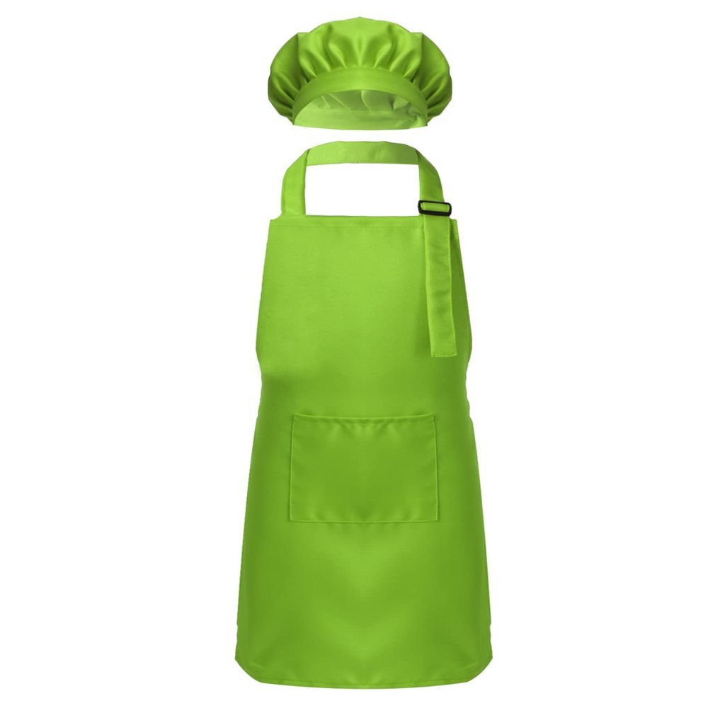 TTAO Kids Girls Boys Apron and Chef Hat Set Adjustable Bib Apron Kitchen Apron for Cooking Painting Training Wear Green M