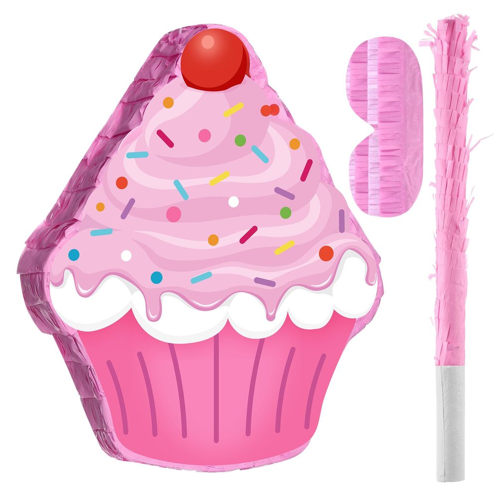 Harrycle Cupcake Birthday Piata Donut Cake Piata with Stick Blindfold for Birthday Party Shower Supplies(Cupcake)