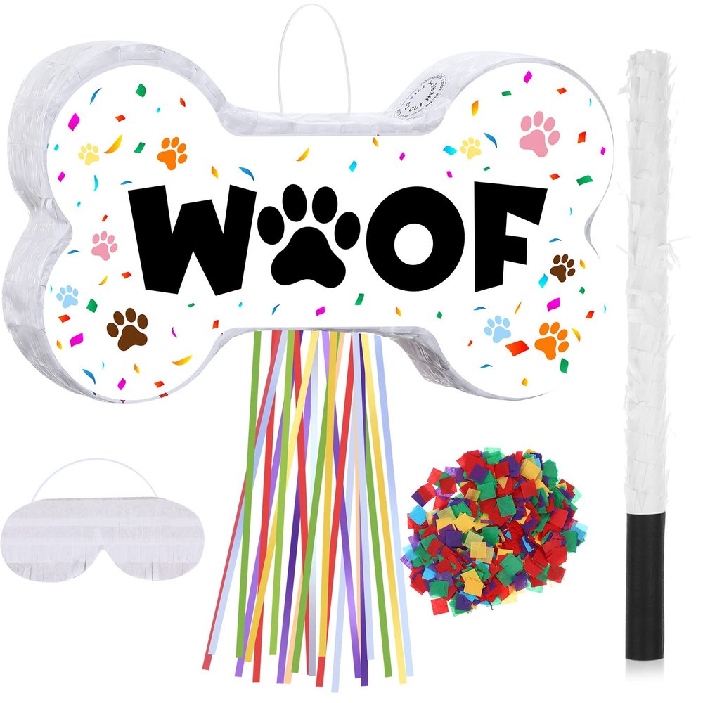 Sotiff Dog Piata Set Include Paw Print Piata Stick Bat Blindfold Mask Puppy Party Decor for Let's Woof Birthday Party Game Decor Supplies(Dog Bone)