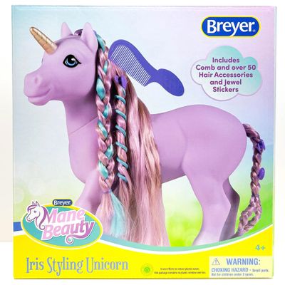 Breyer Horses Mane Beauty Styling Unicorn | Iris | Purple Extra-Long Silky No Tangle Mane | 10" x 3.5" x 10.5" | 7 Accessories, 30 Hair Bands, and 22 Jewels | Unicorn Toy | Model #7416