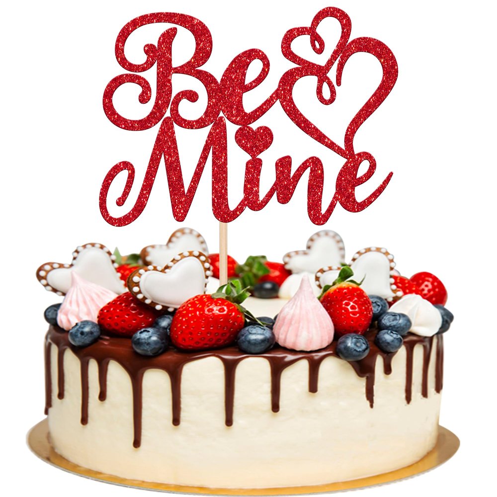 1 PCS Be Mine Cake Topper Glitter Happy Valentine's Day Cake Topper Sweet Love Heart Cake Pick Decorations for Valentine's Day Theme Wedding Bridal Shower Birthday Party Supplies Red
