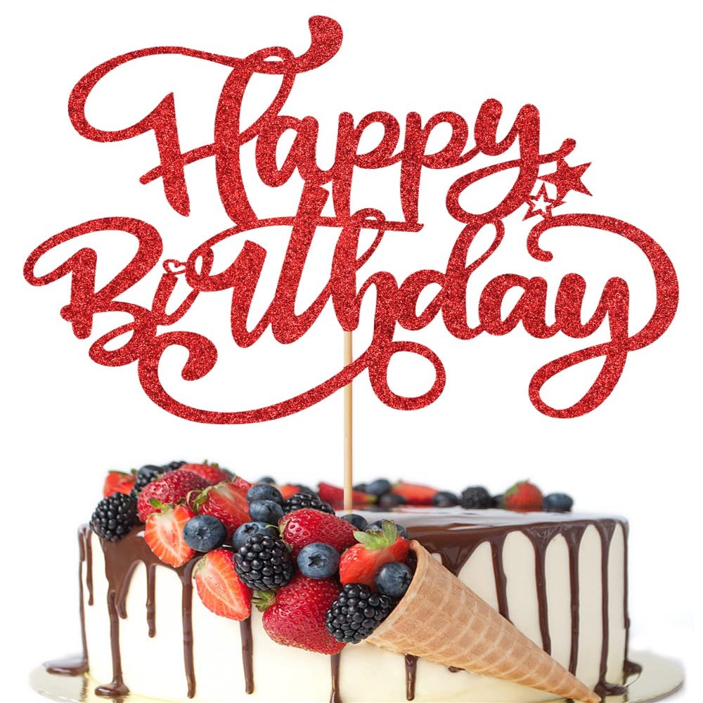 Crseniny Happy Birthday Cake Topper,Red Glitter Birthday Sign Cake DecorationsAnniversary Party/Bday Party Decoration Supplies