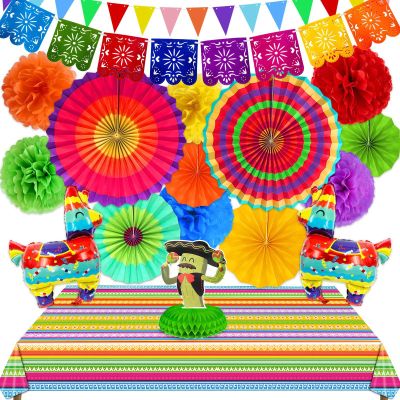 [ 7 Varieties ] 33Pcs Cinco De Mayo Fiesta Party Decorations, Mexican Themed Party Supplies, Paper Fans Pom Poms Table Cover Llama Balloons Pennant Papel Picado Banner Honeycomb Table Decor