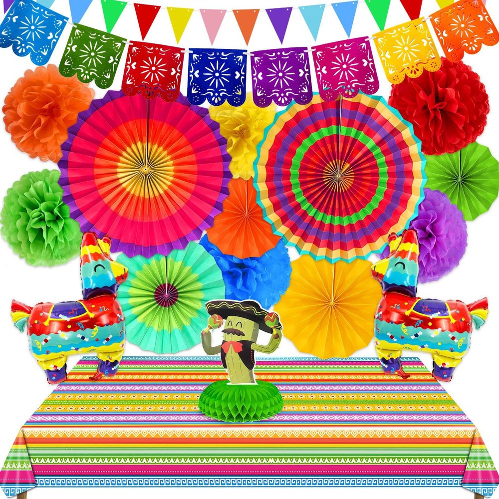 [ 7 Varieties ] 33Pcs Cinco De Mayo Fiesta Party Decorations, Mexican Themed Party Supplies, Paper Fans Pom Poms Table Cover Llama Balloons Pennant Papel Picado Banner Honeycomb Table Decor