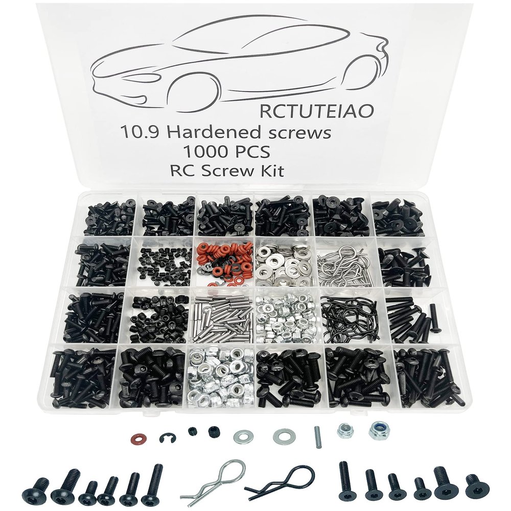 1000pcs Universal RC Screw Kit Screws Assortment Set, Hardware Fasteners for Traxxas Axial Redcat HPI Arrma SCX10 Losi 1/8 1/10 1/12 1/16 Scale RC Cars Trucks Crawler, RC Screw Kit, Body Clips Pins