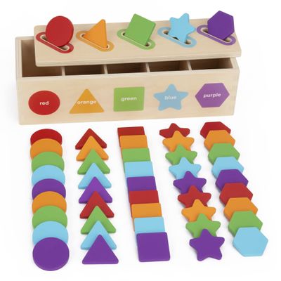 KMTJT Montessori Toys for 1 2 3 Year Old | Wooden Color & Shape Sorting Matching Toys | Learning Educational Toys for 1-3 Year Old Kids | One 1st 2st Birthday Gift for Boy Girl