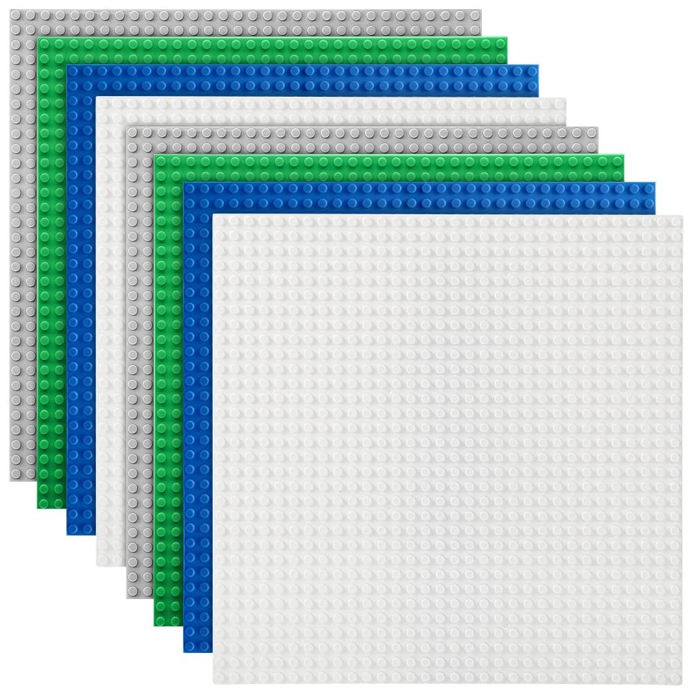 Lekebaby 8 Pack Classic Baseplates Building Base for Building Bricks, 10" x 10" Building Boards - 100% Compatible with Major Brands, Green/Grey/Blue/White