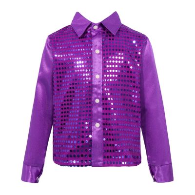 CHICTRY Boy's Sequin Shirts Long Sleeve Button Down Shiny Shirt Disco Hip Hop Jazz Dance Party Choir Costume Purple 7-8 Years