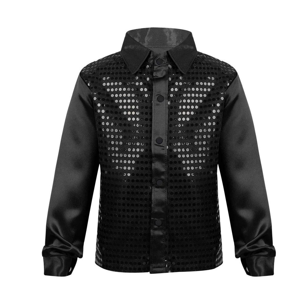 CHICTRY Boy's Sequin Shirts Long Sleeve Button Down Shiny Shirt Disco Hip Hop Jazz Dance Party Choir Costume Black 12-14 Years