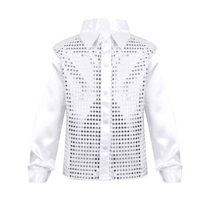 CHICTRY Boy's Sequin Shirts Long Sleeve Button Down Shiny Shirt Disco Hip Hop Jazz Dance Party Choir Costume White 12-14 Years