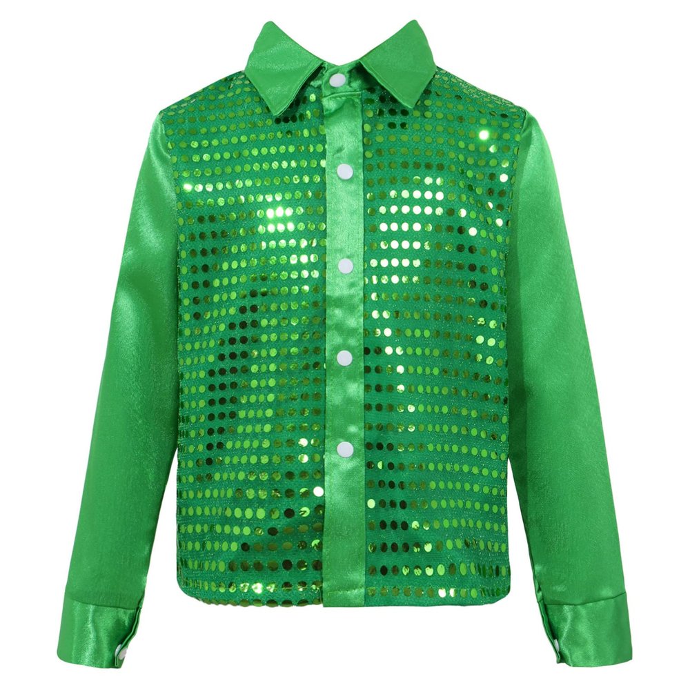 CHICTRY Boy's Sequin Shirts Long Sleeve Button Down Shiny Shirt Disco Hip Hop Jazz Dance Party Choir Costume Green 12-14 Years