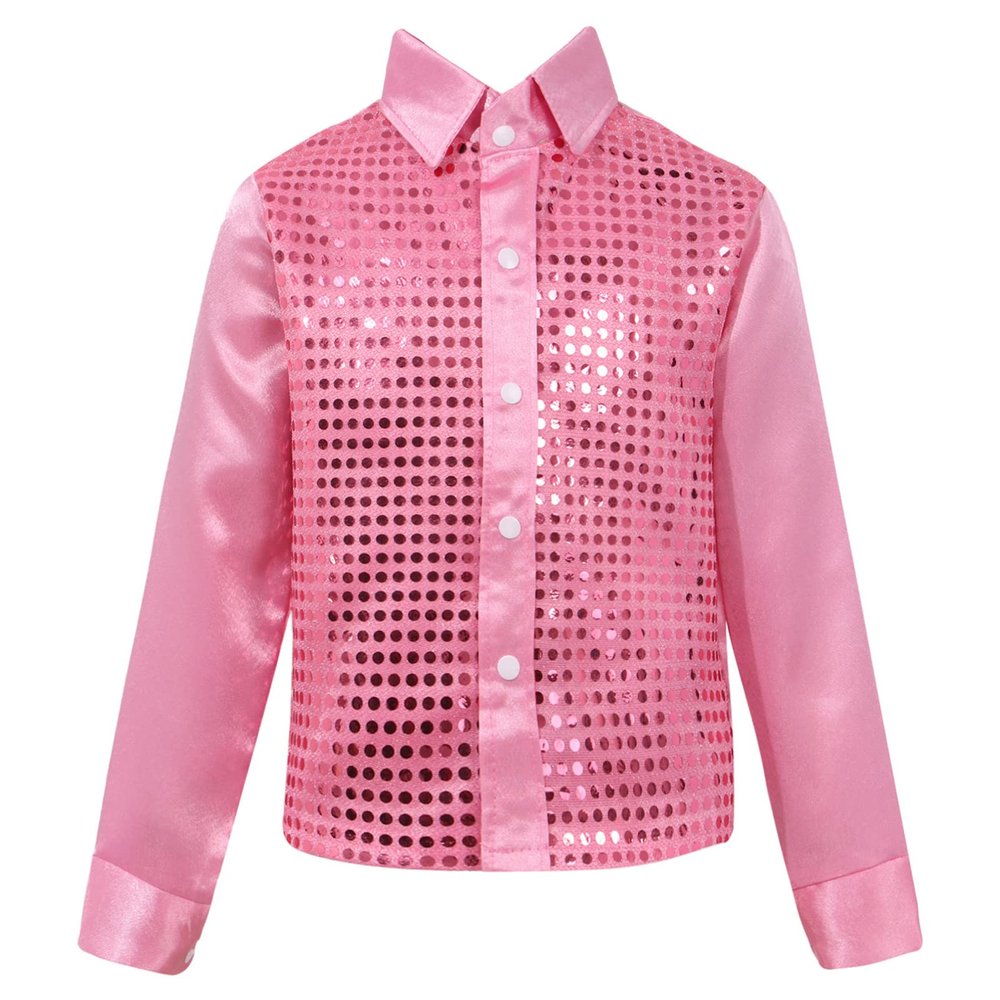 CHICTRY Boy's Sequin Shirts Long Sleeve Button Down Shiny Shirt Disco Hip Hop Jazz Dance Party Choir Costume Pink 12-14 Years