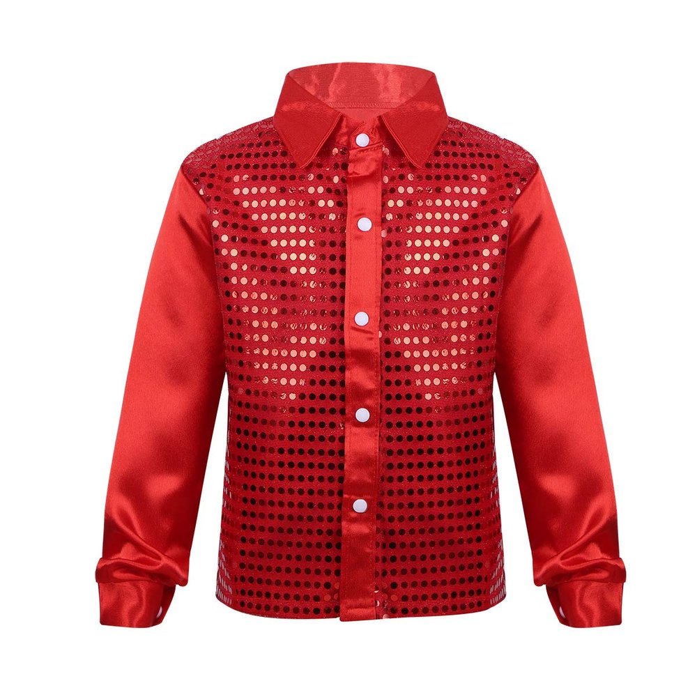 CHICTRY Boy's Sequin Shirts Long Sleeve Button Down Shiny Shirt Disco Hip Hop Jazz Dance Party Choir Costume Red 10-12 Years