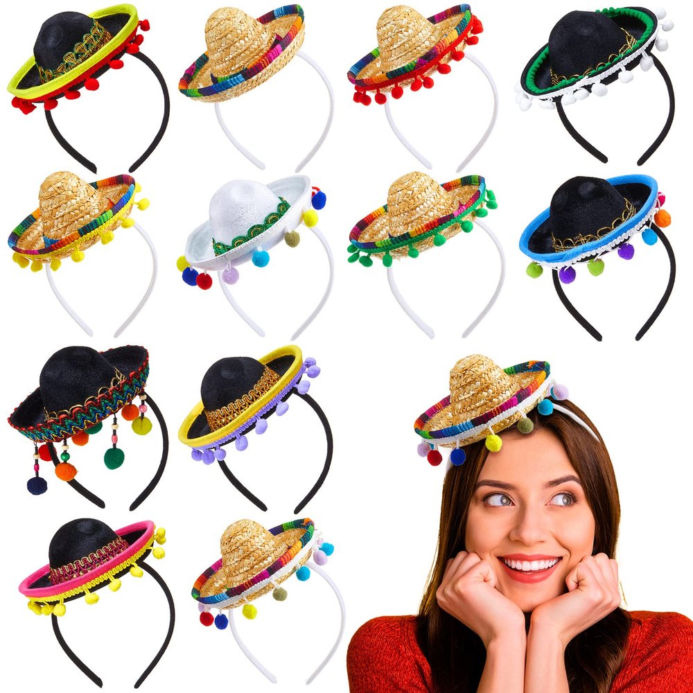 Mumufy 12 Pcs Mexican Sombrero Headband Hats Bulk for Adults Mini Fiesta Hats with Fabric Cinco De Mayo Party Decorations(Classic)