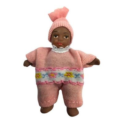 Dollhouse Baby Girl in Pink Romper & Hat Miniature 1:12 Porcelain Doll People