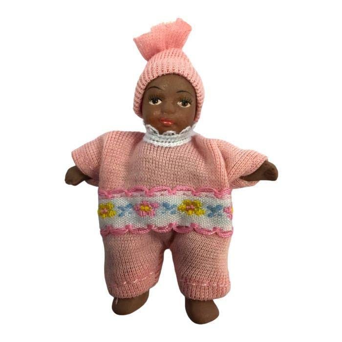 Dollhouse Baby Girl in Pink Romper & Hat Miniature 1:12 Porcelain Doll People