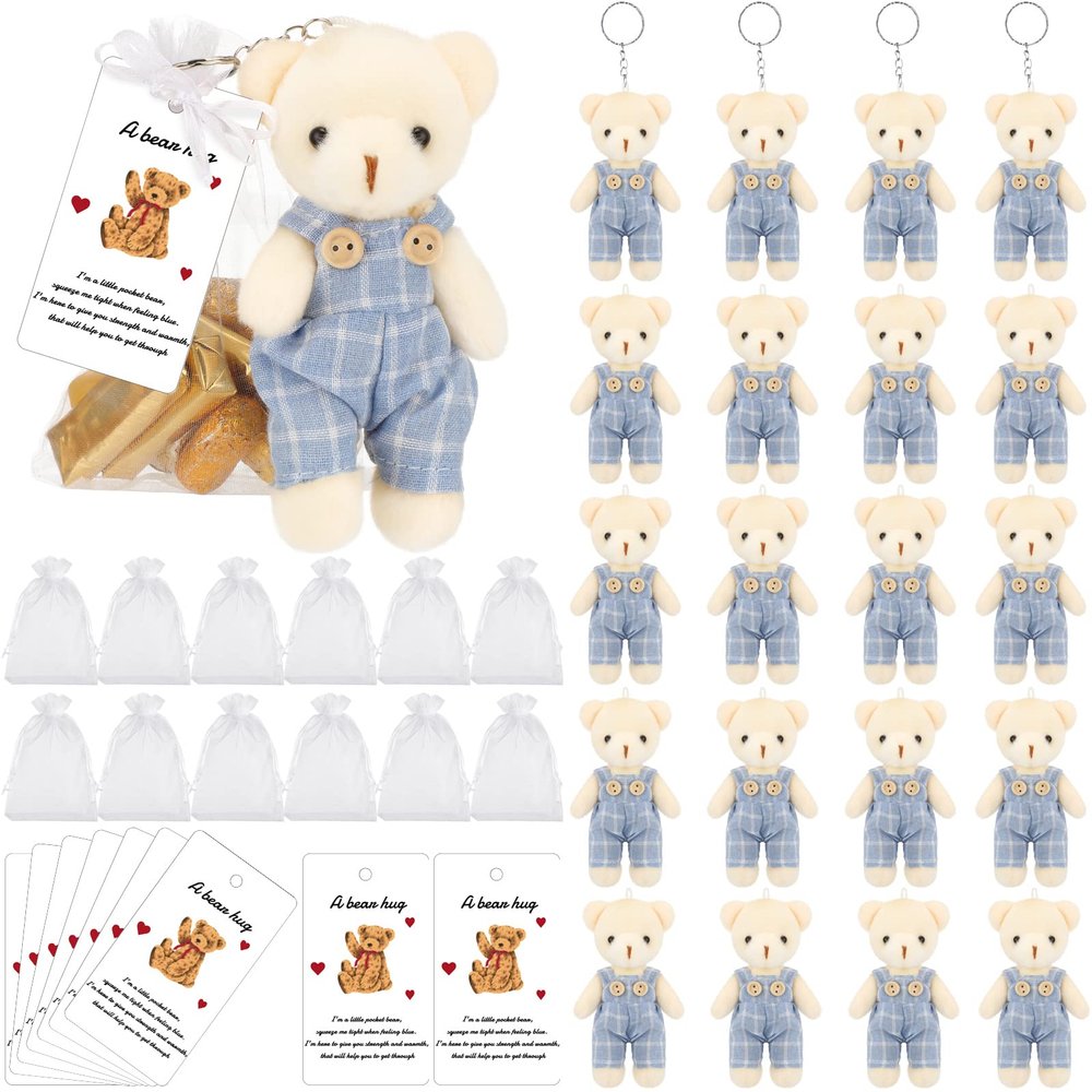 20 Sets Miniature Bear with Clothes Stuffed Plush Bear Decorations, 4.7 Inch Bears Baby Shower Doll Favors Hug Gift Card White Organza Bags for Guest Baby Shower Souvenirs Birthday Party (Blue)