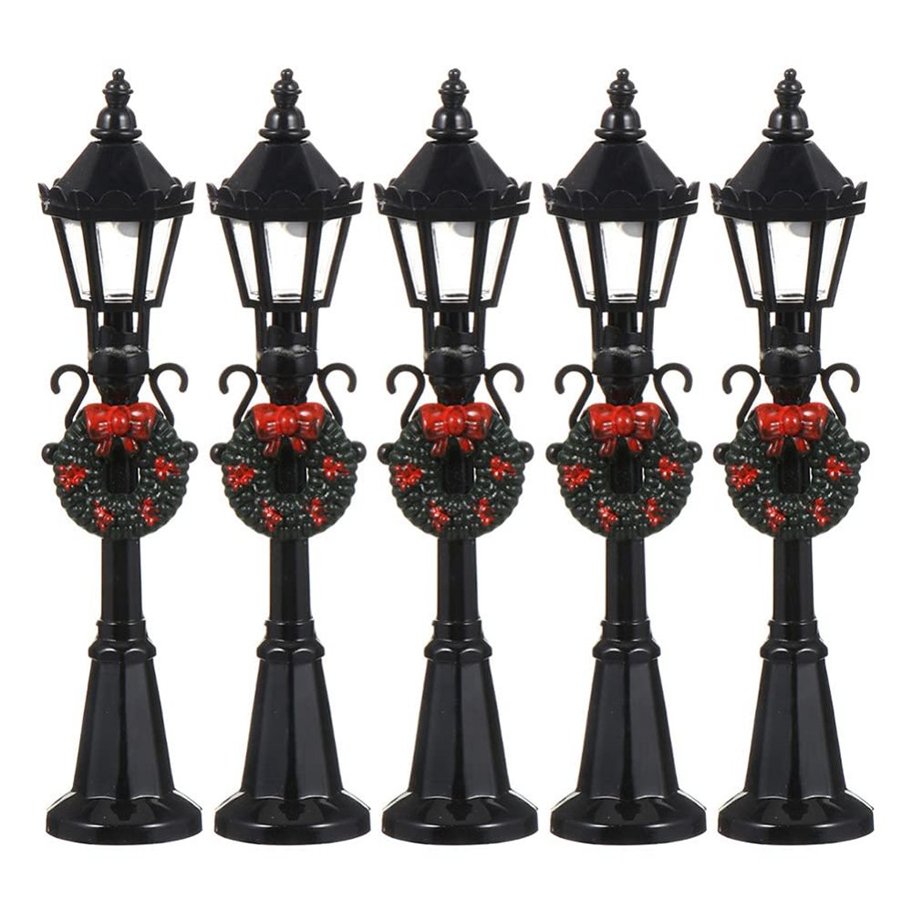 5pcs Miniature Street Light Model, Railway Train Post Lamps, Black Lamp Outdoor Pathway Lantern Post for Dollhouse Decoration Micro Landscape Accessories