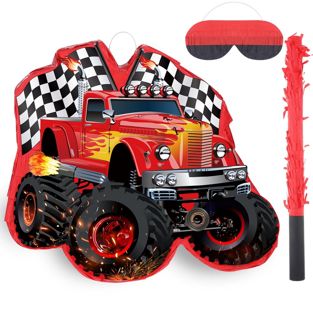 Harrycle Red Truck Piata of Monster Small Piata Race Car with Blindfold and Stick for Kids Boys 14.1 x 12.6 x 3.2 Inch Birthday Truck Party Supplies Construction Themed Party Games Decorations