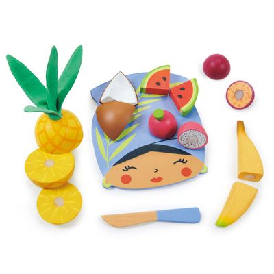 Tender Leaf Toys - Tropical Fruit Chopping Board - Wooden Play Food Set with 6 Choppable Fruits, Wood Knife and Illustrated Board - Improves Fine Motor Skills - Age 2+