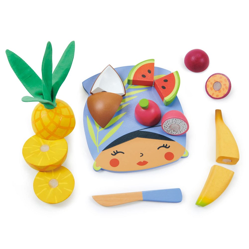 Tender Leaf Toys - Tropical Fruit Chopping Board - Wooden Play Food Set with 6 Choppable Fruits, Wood Knife and Illustrated Board - Improves Fine Motor Skills - Age 2+