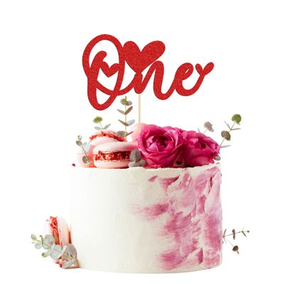 1Pcs One Cake Topper with Glitter Love Heart 1st Valentine's Day Baby Shower Cake Picks Valentine's Day Theme Wedding Baby Shower Kids 1st Birthday Party Cake Decorations Supplies Red
