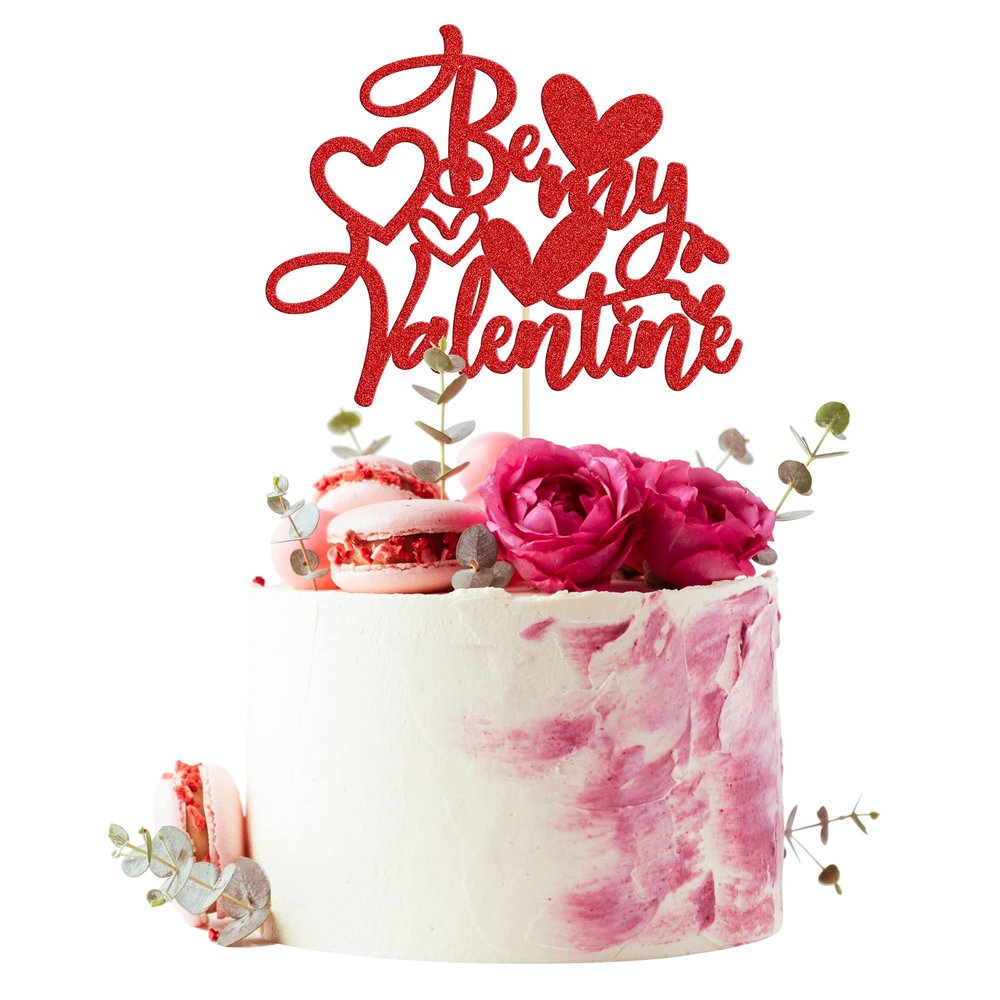 1Pcs Be My Valentine Cake Topper with Heart Glitter Sweet Love Valentine's Day Cake Picks Happy Valentine's Day Wedding Bridal Shower Birthday Party Cake Decorations Supplies Red