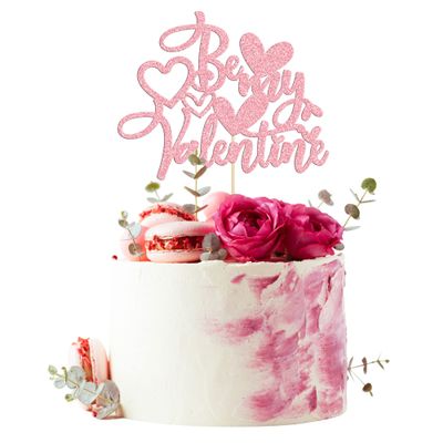 1Pcs Be My Valentine Cake Topper with Heart Glitter Sweet Love Wedding Engagement Cake Picks Decorations for Valentine's Day Love Theme Bridal Shower Birthday Party Supplies Pink