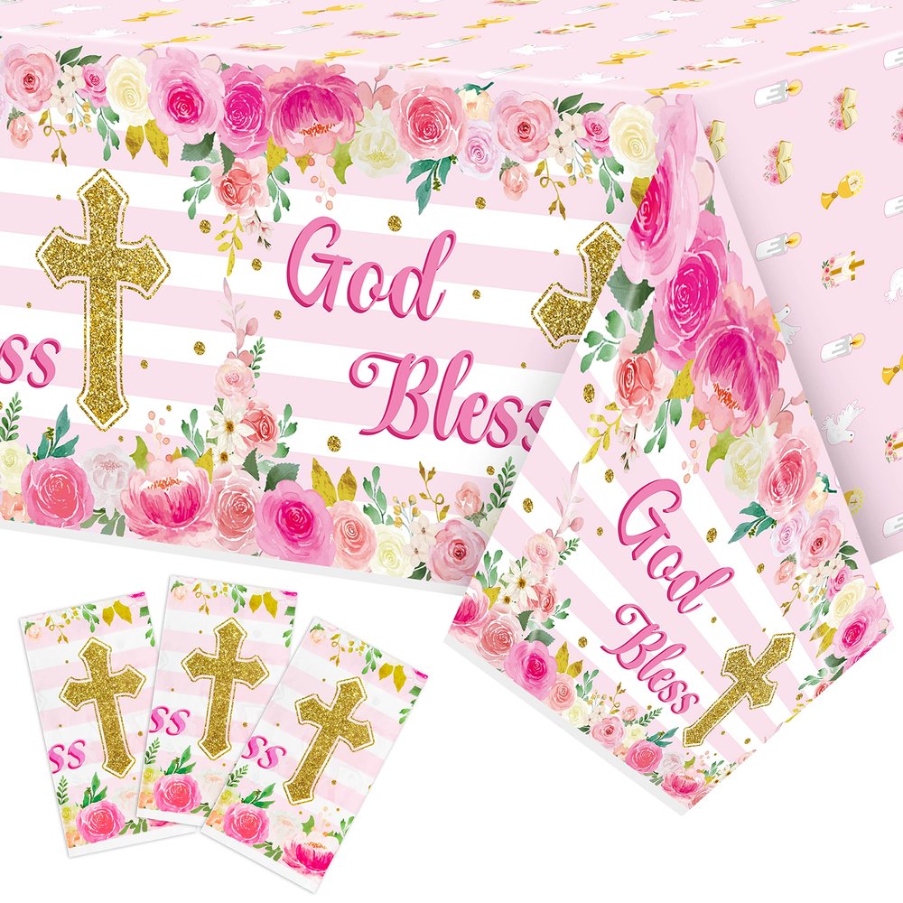 BkeeCten Baby Girl Baptism Tablecloths - 3-Packs Pink Newborn Baby Girl Baptism Party Tablecovers Decor Flower Disposable Plastic Waterproof Rectangle Tablecloths God Bless First Communion Table Cover