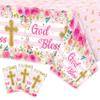 BkeeCten Baby Girl Baptism Tablecloths - 3-Packs Pink Newborn Baby Girl Baptism Party Tablecovers Decor Flower Disposable Plastic Waterproof Rectangle Tablecloths God Bless First Communion Table Cover view 1
