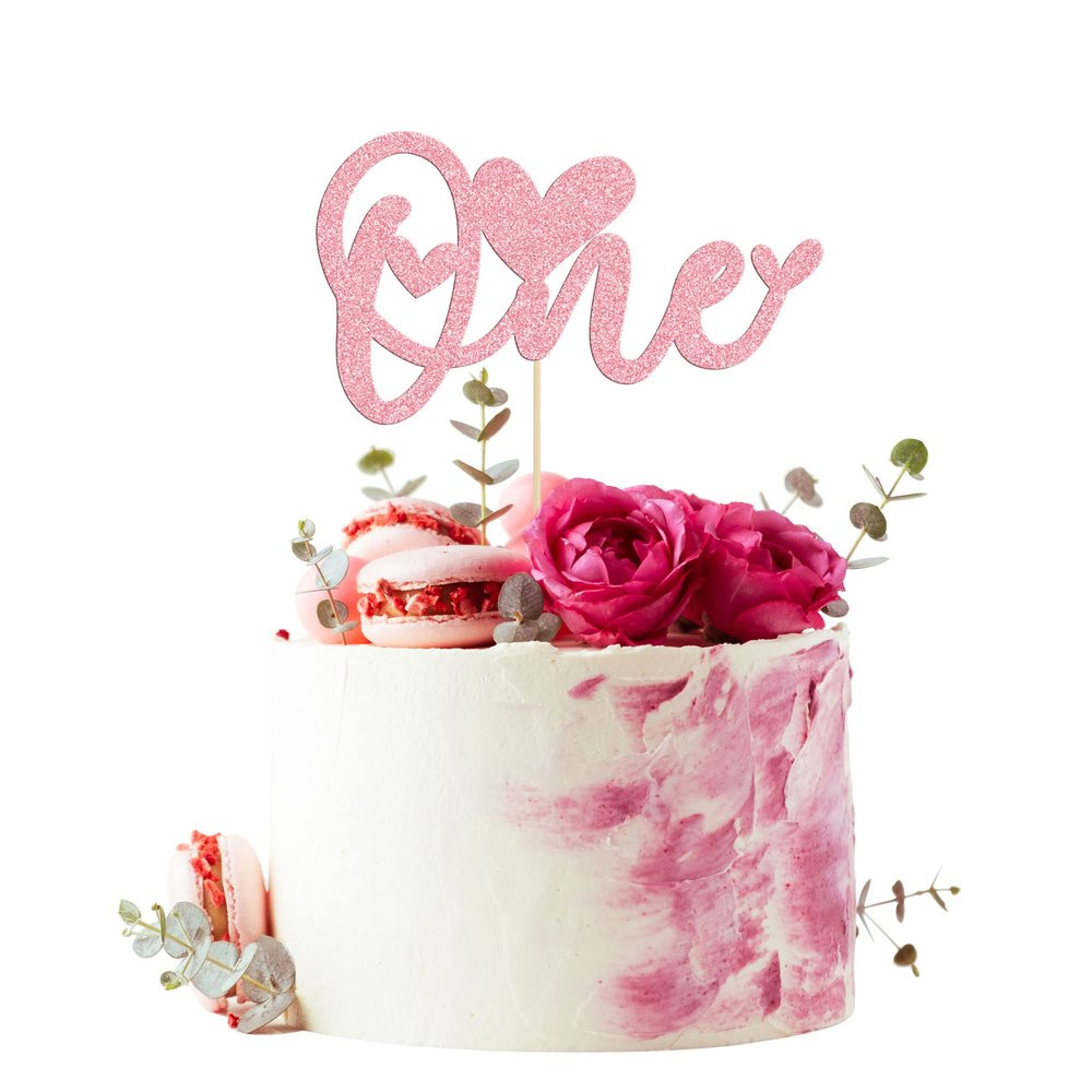 1Pcs Valentine's Day One Cake Topper with Heart Pink Glitter Sweet Love First Valentines Cake Picks Decorations for 1st Valentine's Day Theme Wedding Bridal Shower Birthday Party Supplies