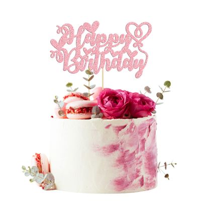 1 Pack Happy Birthday Cake Topper with Love Heart Glitter Valentine's Day Cake Picks Love Theme Baby Shower Kids Birthday Party Cake Decorations Supplies Pink