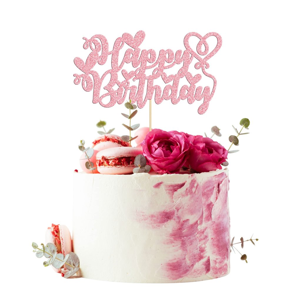 1 Pack Happy Birthday Cake Topper with Love Heart Glitter Valentine's Day Cake Picks Love Theme Baby Shower Kids Birthday Party Cake Decorations Supplies Pink