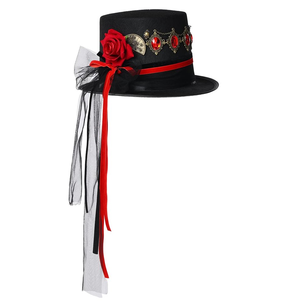 BLESSUME Steampunk Top Hat with Glasses for Carnival Halloween Theme Party (Medium, Black&Red)